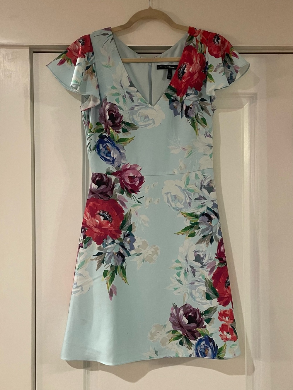 White House Black Market Light Blue Floral V-Neck A-Line Dress